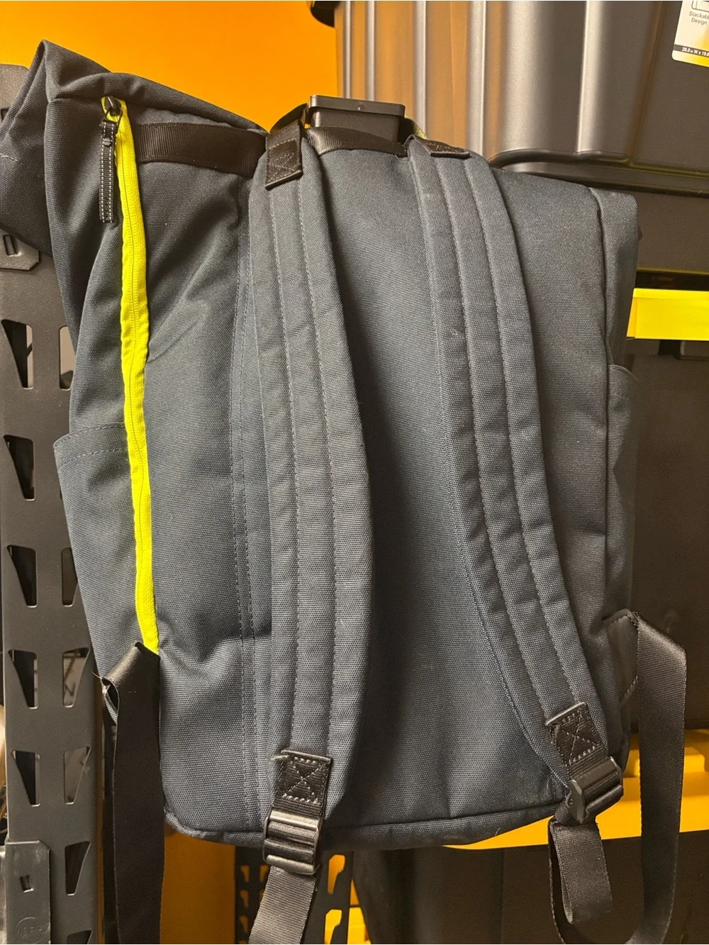 Timbuk2 Navy Roll-Top Backpack with Olive Strap and Red Zipper